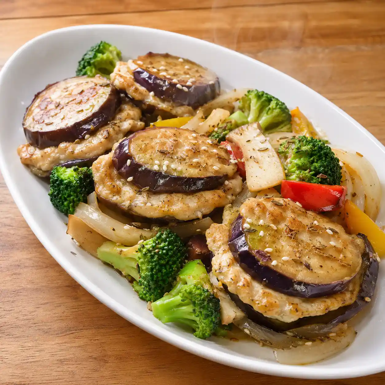 茄子釀雞肉片煎青花菜