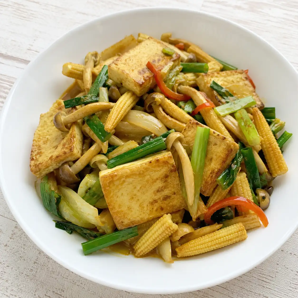 板豆腐玉米筍蔥燒