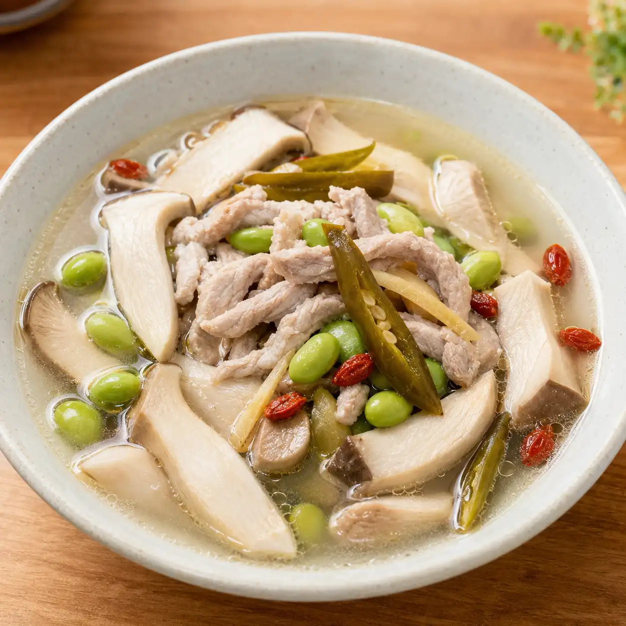 剝皮辣椒瘦肉絲杏鮑菇清燉