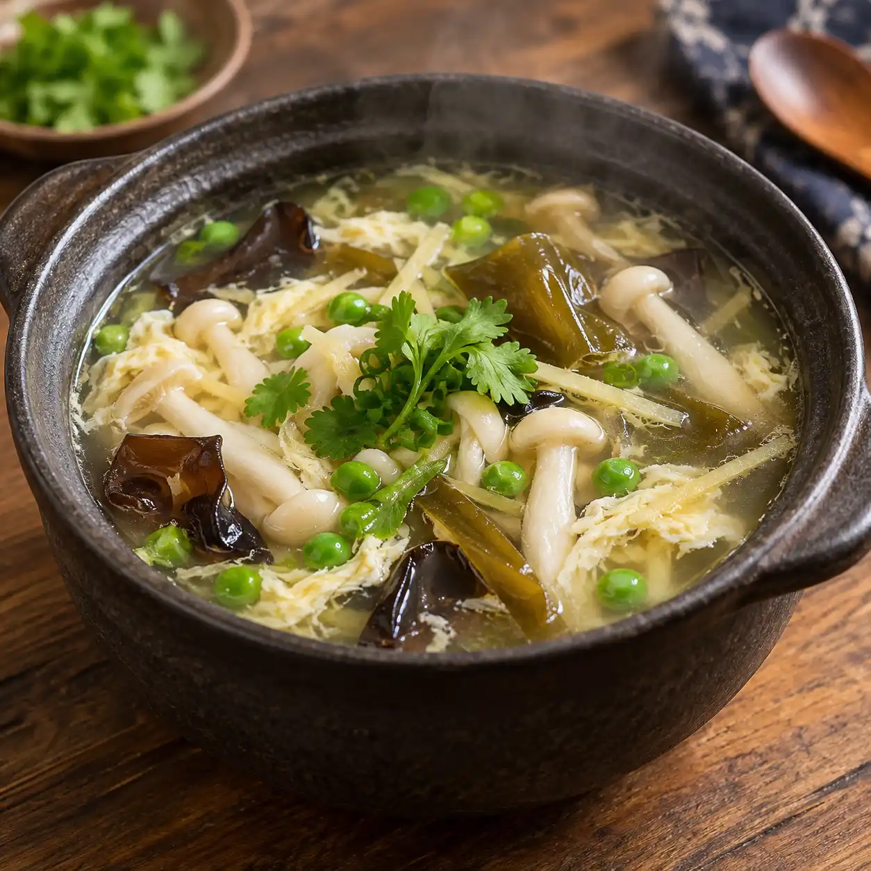 剝皮辣椒白精靈菇豌豆湯