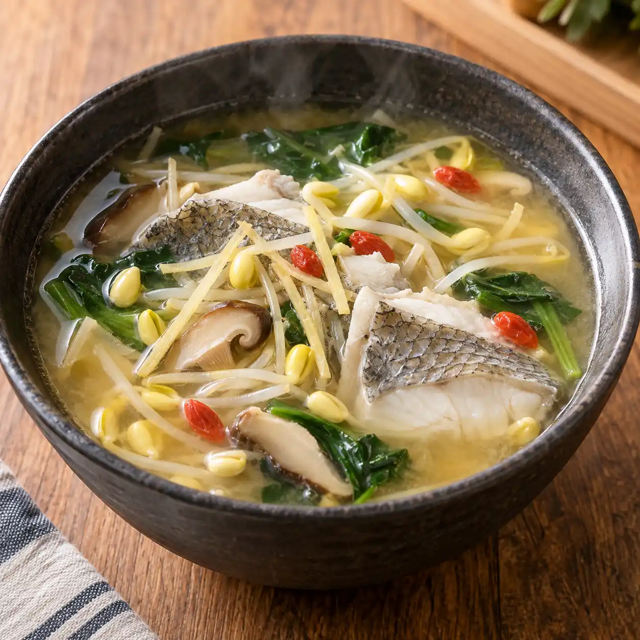味噌鱸魚黃豆芽蔬菜湯