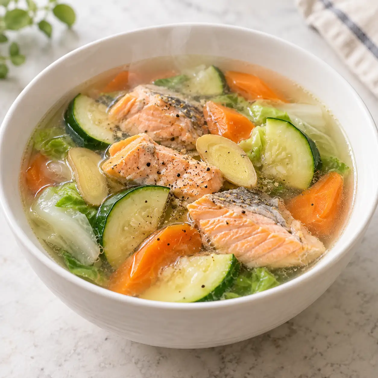 胡椒鮭魚櫛瓜蔬菜湯