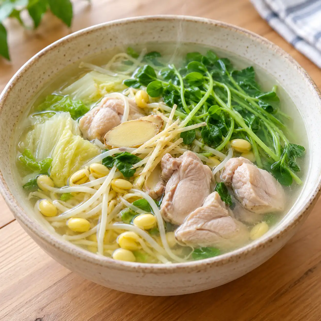 味噌雞腿黃豆芽蔬菜湯