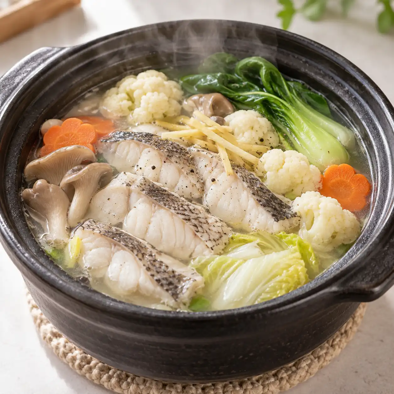 鱸魚白花椰蔬菜煲青江菜