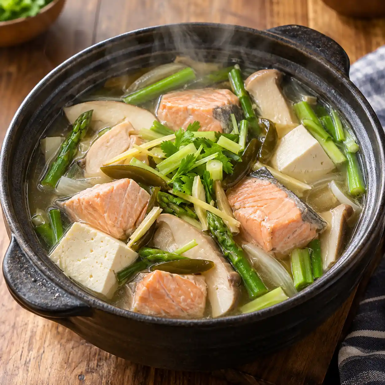 剝皮辣椒鮭魚杏鮑菇豆腐煲