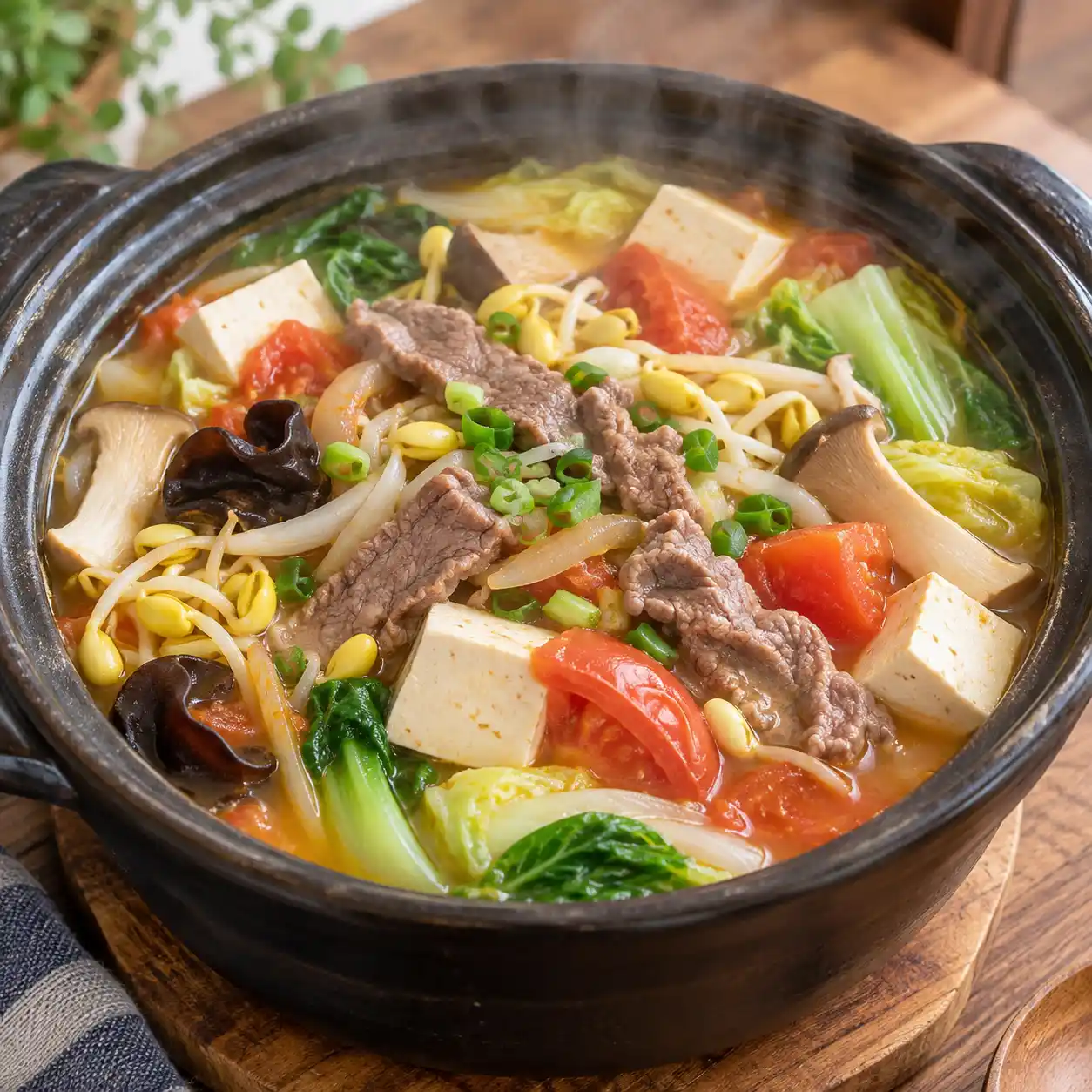 番茄牛柳黃豆芽豆腐煲