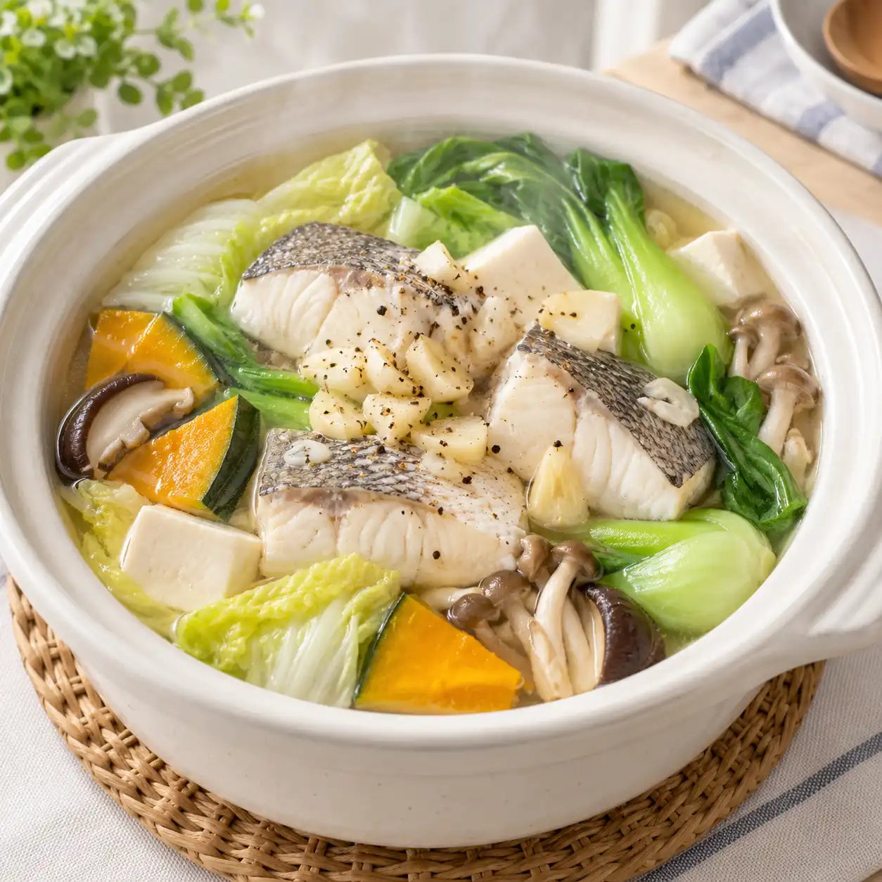 蒜鱸魚小白菜豆腐煲