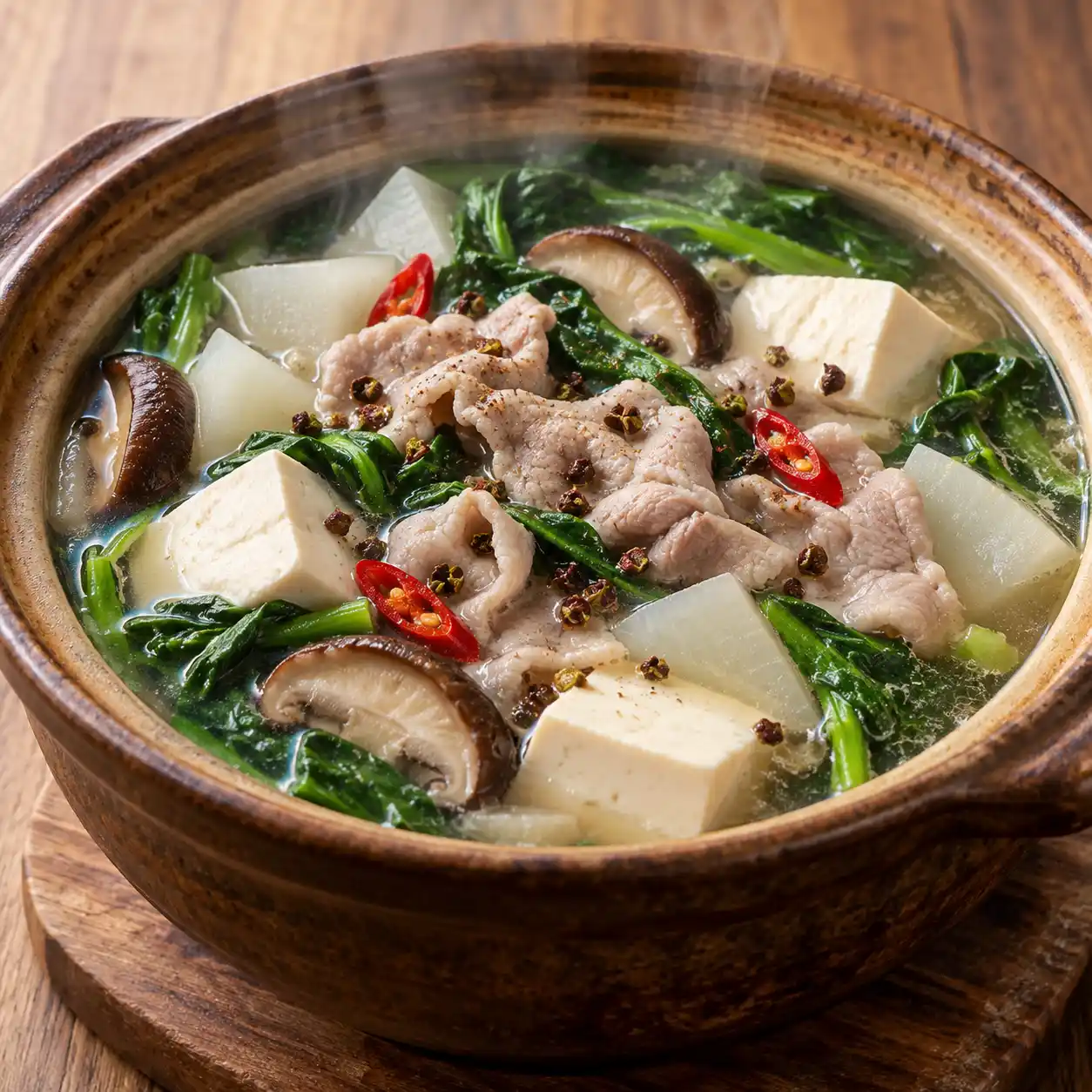 花椒豬肉片菠菜豆腐煲