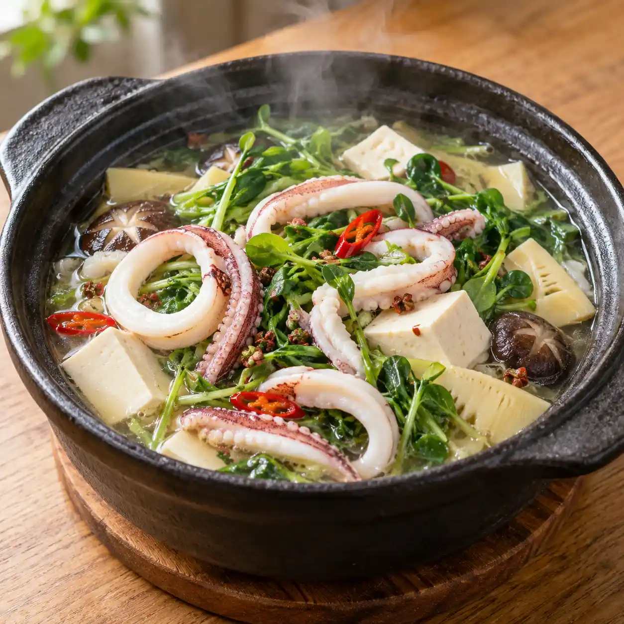 花椒花枝豆苗豆腐煲