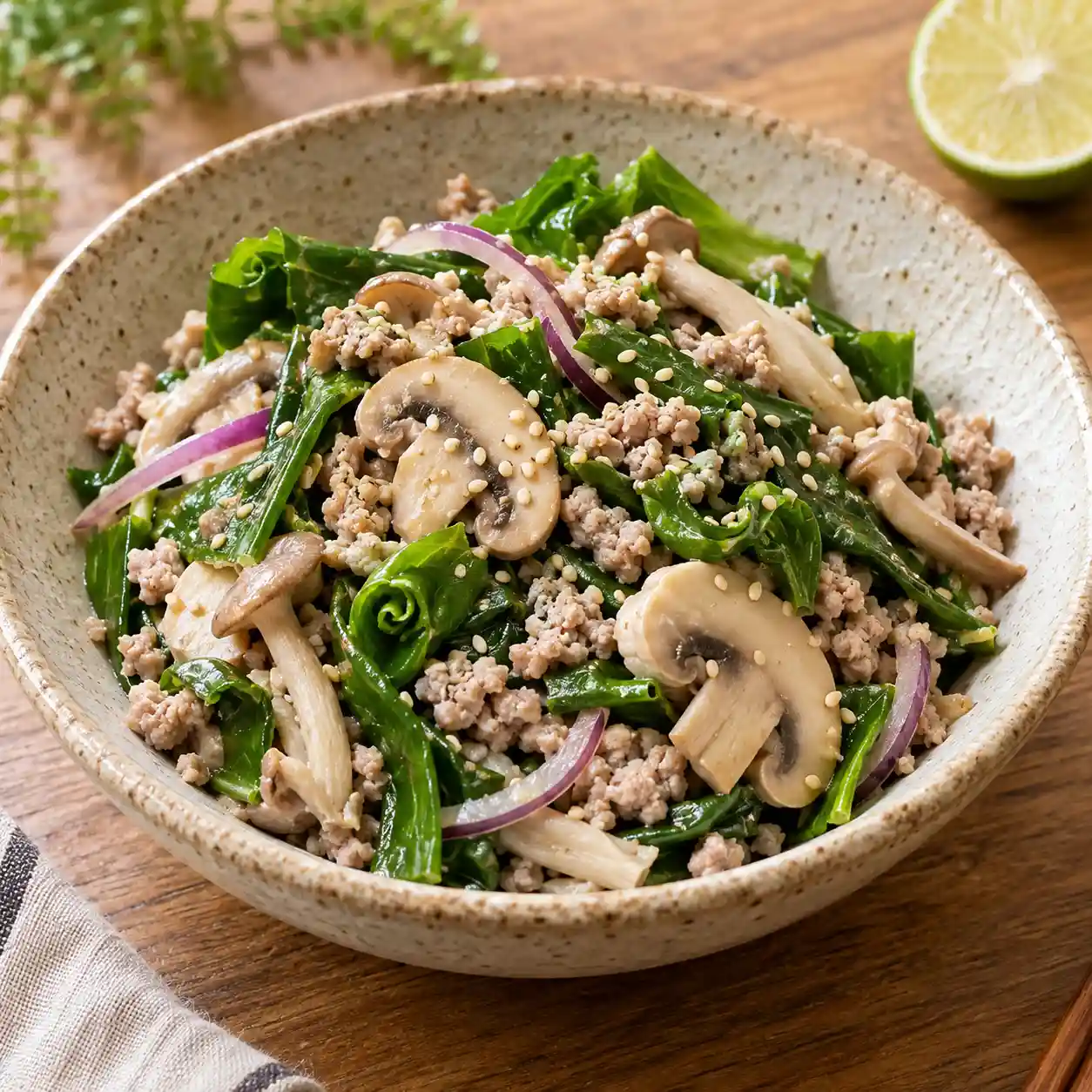 白芝麻瘦絞肉蘑菇冷拌