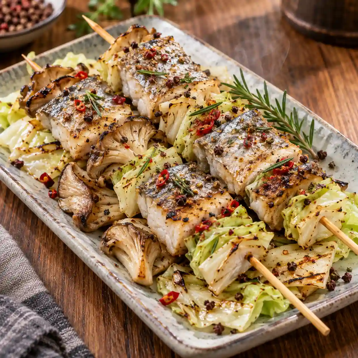 椒麻白帶魚秀珍菇串烤